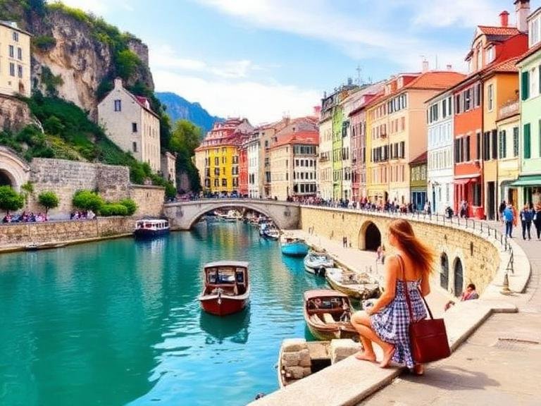 Solo travel Europe itinerary with a woman exploring a scenic canal town with colorful buildings and boats