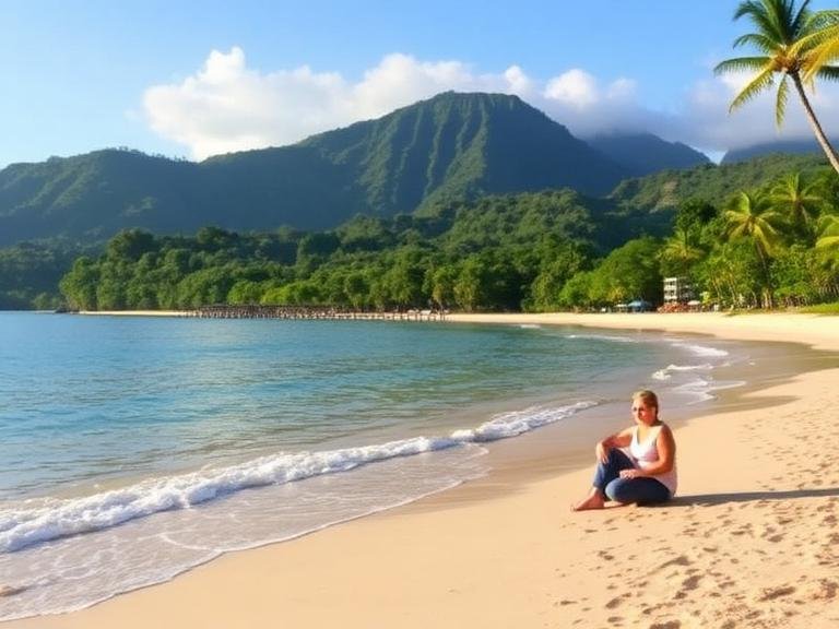 Woman relaxing on a tropical beach with mountains and palm trees, representing family resorts in Costa Rica