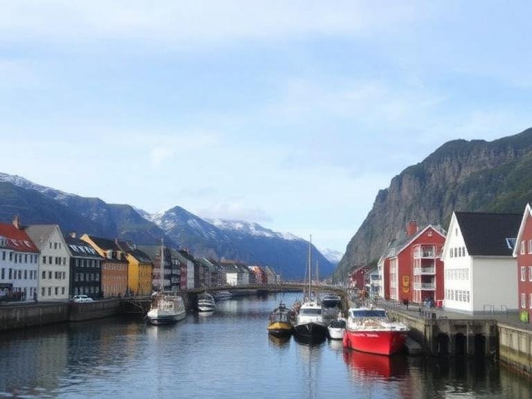 Solo Female Travel in Scandinavia featuring a peaceful waterfront town with colorful houses, calm canals, and mountain scenery