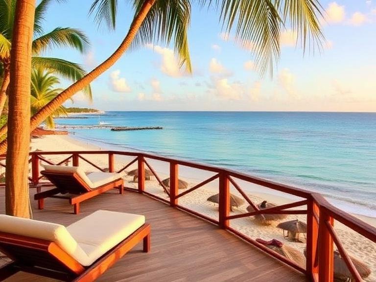 Honeymoon Destinations in the Caribbean featuring a luxury beachfront resort with palm trees, white sand, and turquoise ocean views perfect for couples.
