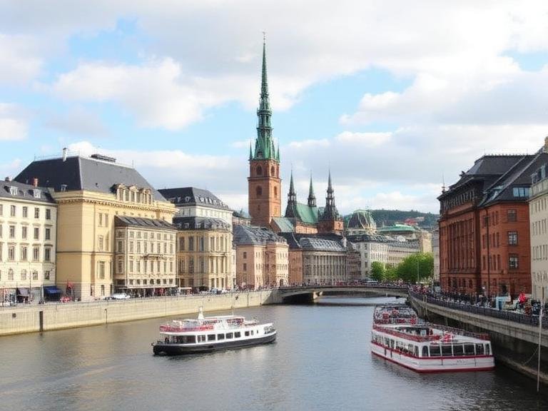 Stockholm Solo Travel guide showing Gamla Stan’s historic buildings, a tall church spire, and sightseeing boats cruising along the city canal.
