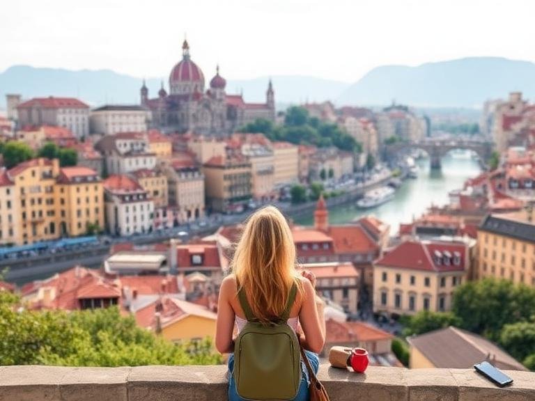 Budgeting for solo travel in Europe while a solo traveler overlooks a scenic European city view