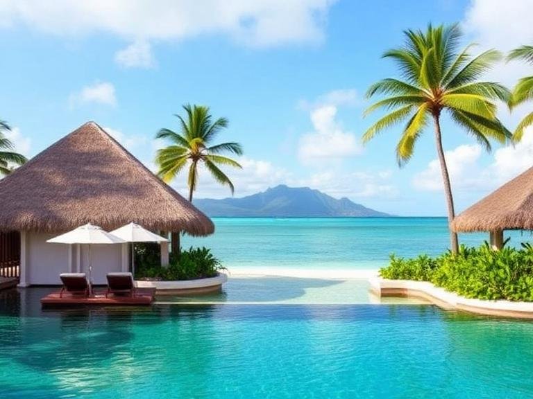 luxury honeymoon resort in the Caribbean with ocean view infinity pool and couple relaxing on tropical beach