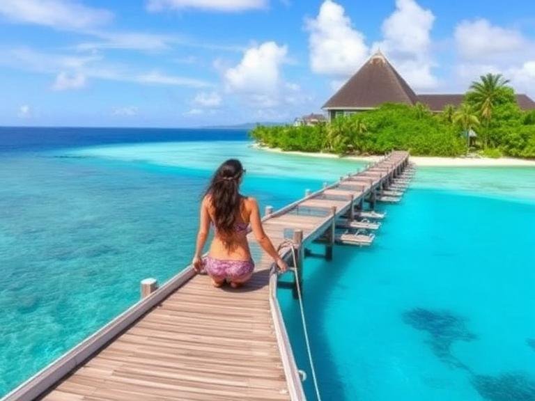 Romantic couple relaxing on a tropical beach in the Caribbean Islands for Honeymooners with turquoise water and sunset view