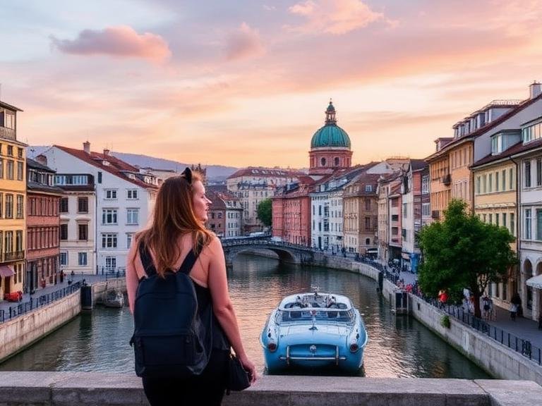 Safest Cities in Europe – solo female traveler standing on a bridge overlooking a scenic canal city with historic buildings at sunset