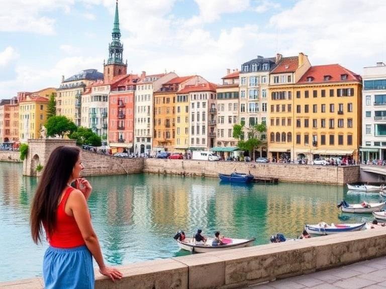 Best places for solo female travel in Europe featuring a solo woman enjoying a scenic waterfront with colorful buildings and boats in a charming European city
