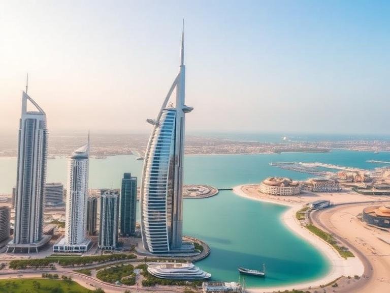 Aerial view of Dubai skyline featuring Burj Al Arab, luxury coastline, and turquoise waters during a sunny day – perfect for a 3 day itinerary for Dubai.