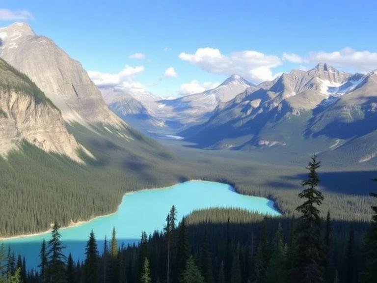 Turquoise glacial lake surrounded by Rocky Mountains along the scenic Calgary to Banff route in Canada