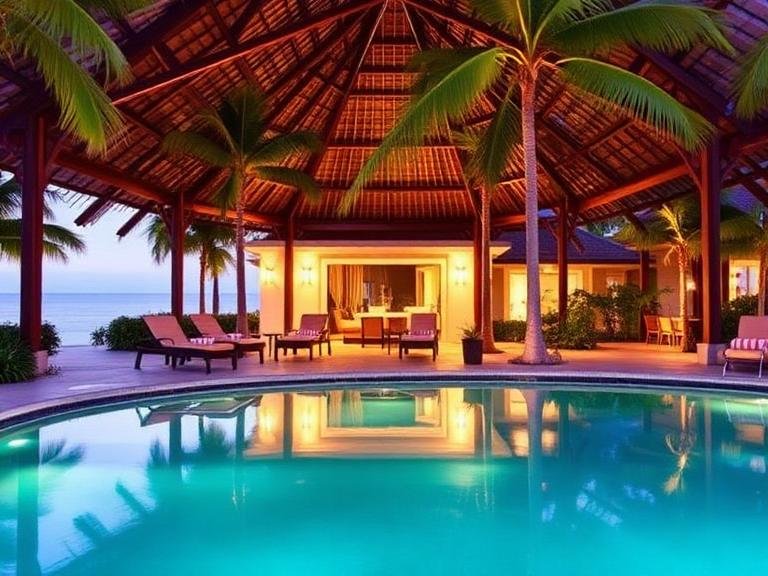 Luxury family hotels Punta Cana with private pool, tropical palm trees, and beachfront villa at sunset