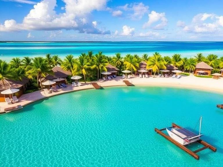 Luxury beachfront lagoon pool at one of the best all-inclusive resorts in Punta Cana with palm trees and turquoise ocean