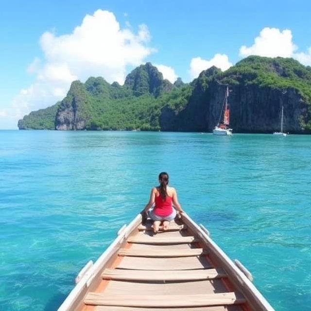 Woman sitting on a wooden boat during a Saona Island day trip with turquoise water and tropical cliffs in the background