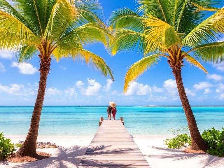 Budget Tips for Turks and Caicos – couple walking along a wooden pier between palm trees toward clear turquoise ocean waters