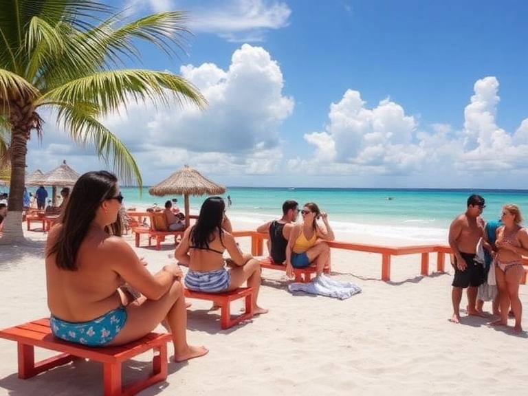 People sitting on beach benches under palm trees facing clear blue ocean, showcasing relaxing things to do in Cozumel