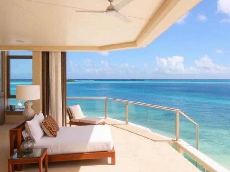 Luxury Resorts in the Bahamas featuring a private oceanfront balcony with turquoise sea views and elegant lounge seating