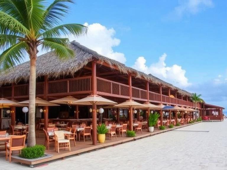 Cozumel restaurants beachfront dining with palm trees and outdoor seating area