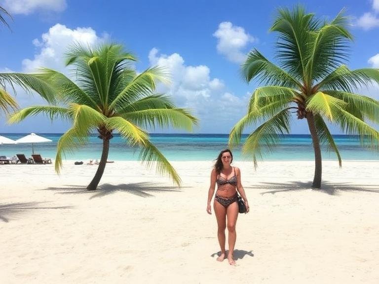 Woman walking on a tropical beach in Cozumel wearing a bikini with palm trees and turquoise ocean, perfect example of cozumel packing list outfits