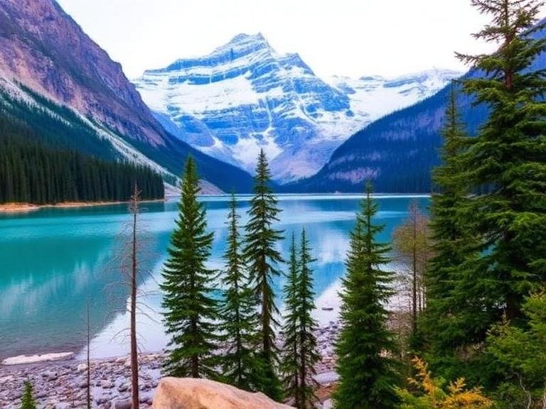 Turquoise lake surrounded by pine trees and snow-capped mountains in Banff during a scenic 24 Hrs in Banff itinerary
