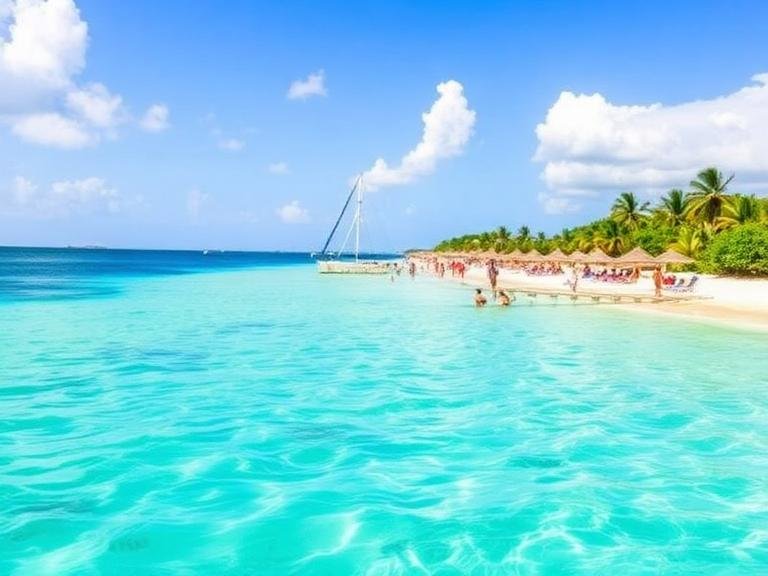 Public Beaches in Cozumel with clear turquoise water, white sand shoreline, palm trees, and visitors swimming and relaxing under a sunny sky.
