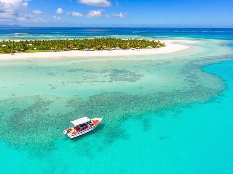 Boat floating near a tropical island with white sand and turquoise water during one of the best day trips from Punta Cana