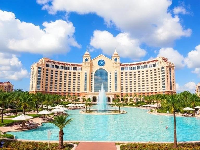 Atlantis Bahamas resort with Royal Towers, lagoon pool, and palm trees under a bright blue sky