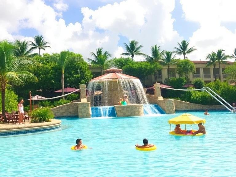 Family enjoying a tropical resort pool with waterfall and slides at one of the best Water Parks in the Caribbean