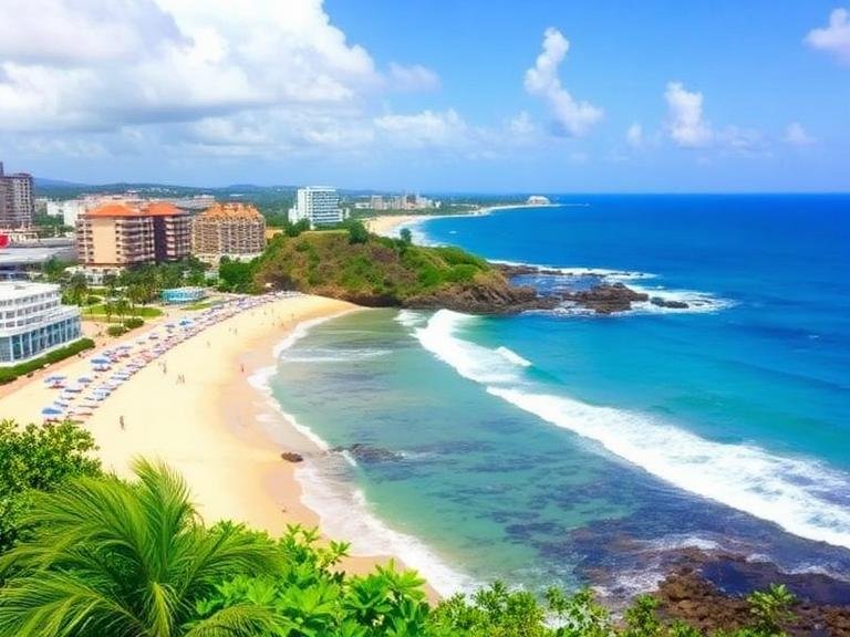 A scenic view of San Juan Puerto Rico beaches featuring golden sand, turquoise ocean waves, palm trees, and beachfront hotels under a bright blue sky.