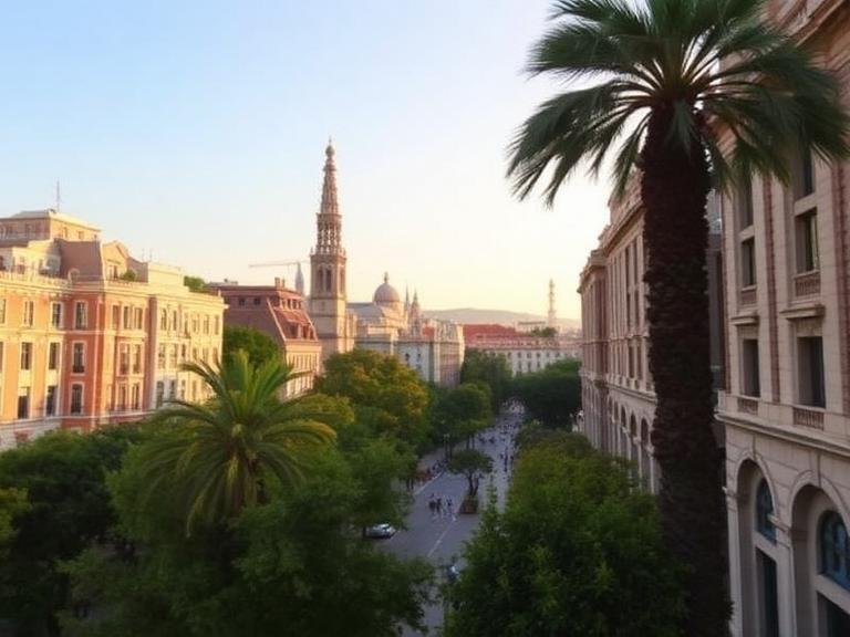 Beautiful street view of Barcelona with palm trees, historic buildings, and a cathedral during sunset, perfect for a 3 days in Barcelona itinerary