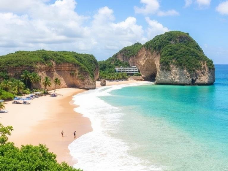 Dominican Republic road trip itinerary coastal beach with turquoise water, cliffs, and palm trees