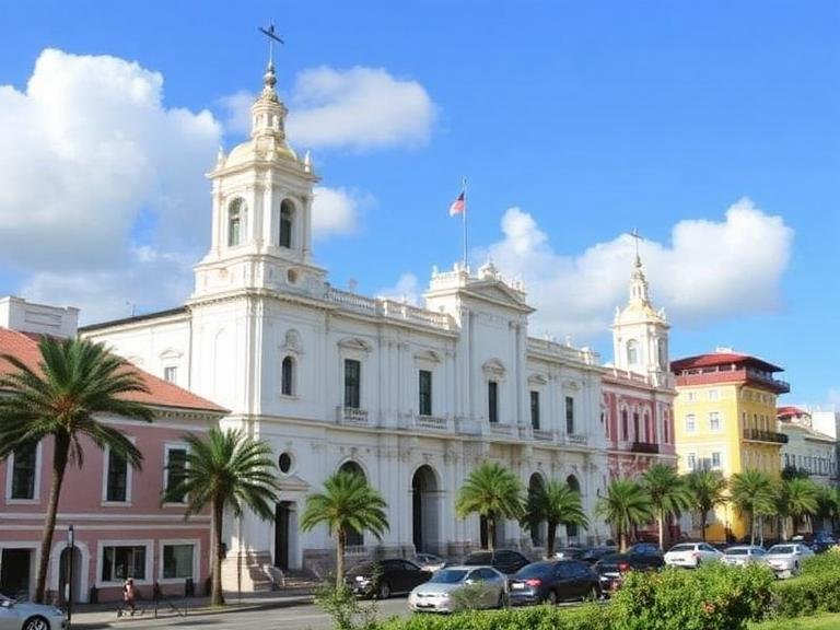 San Juan Puerto Rico attraction featuring the historic San Juan Cathedral with palm trees and colorful colonial buildings under a bright blue sky