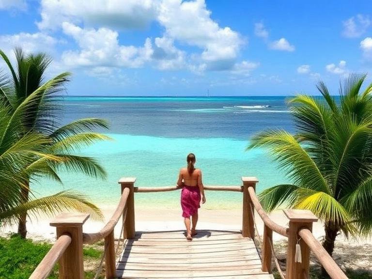 Cozumel solo itinerary experience showing a solo traveler walking toward a tropical beach with turquoise water and palm trees in the background